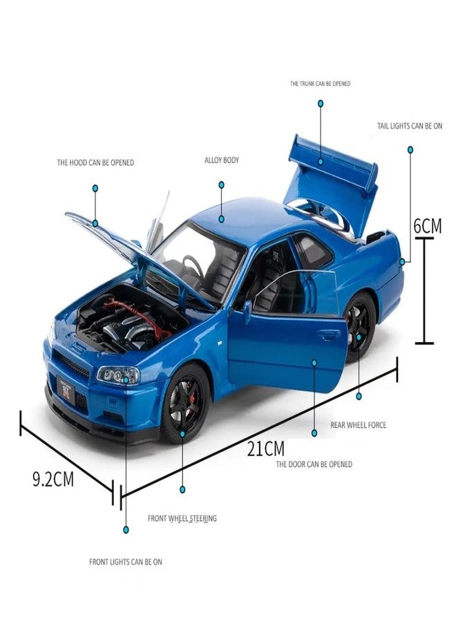بلس بوينت سيارة PLUSPOINT Skyline GTR-R34 P.Walker Edition Brian المصنوعة من المعدن المصبوب، بمقياس 1:24، نموذج محاكاة، مصنوعة من سبيكة معدنية، سيارة لعبة تعمل بالسحب للخلف للأطفال، مزودة بأبواب قابلة للفتح وإضاءة وموسيقى، سيارة لعبة للأطفال والكبار - Image 4